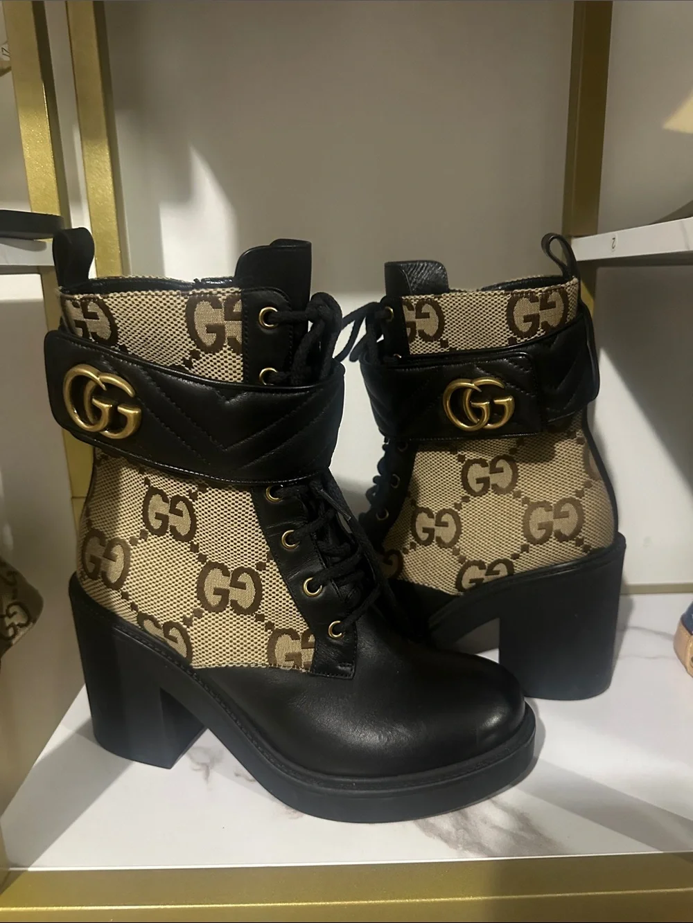 Gucci Black & Beige GG Canvas Leather Lace-Up Block Heel Boots - Picture 1 of 1